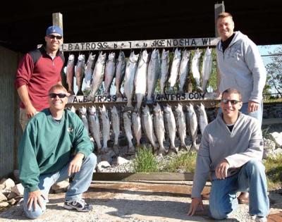 Kenosha Wisconsin Charter Fishing Photo Album We hope you enjoy our Charter Fishing Photo Album and we invite you to return often to see the new images that we add throughout the season! Even better - contact us and let's go fishing! CLICK on any image below to enlarge the photo! Corporate Charters for Tout and Salmon Southern WI or Norhtern Illnois is our Specialty These 40ft Yachts are designed with fishing charter clients in mind! June 4th 2009 Banner afternoon. Corporation charters 2 boats with Albatross and catches 53 Salmon and Trout. Great Job and a lot of fun! Call us today to book your corporate outing today! 262-945-8193