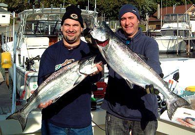 Jason and Steve with a nice catch of salmon while fishing Kenosha Wisconsin aboard Albatross Sportfishing Charters. These fish were caught October 2008. Which goes to show that Trophy fish are caught all season long!